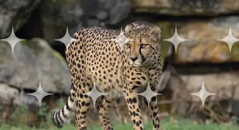 Cheetah Walking Past Rock