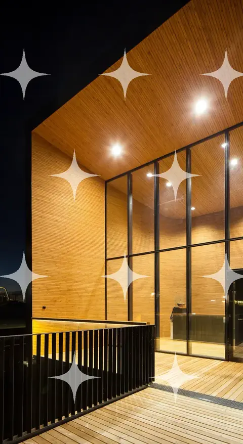 Timber Pavilion Lit at Dusk