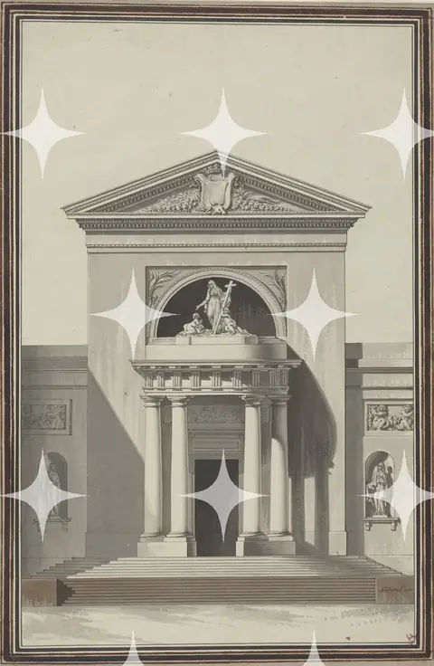 Neoclassical Church Facade Design with Faith Sculpture Print