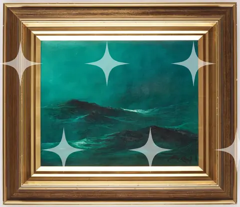 Green Seascape, Gilt-Framed Oil Painting