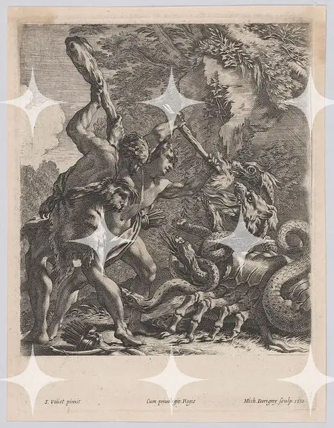 "Hero Battling a Dragon" Baroque Engraving Print