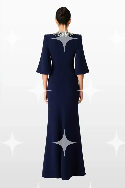 Embellished-Neckline Navy Gown