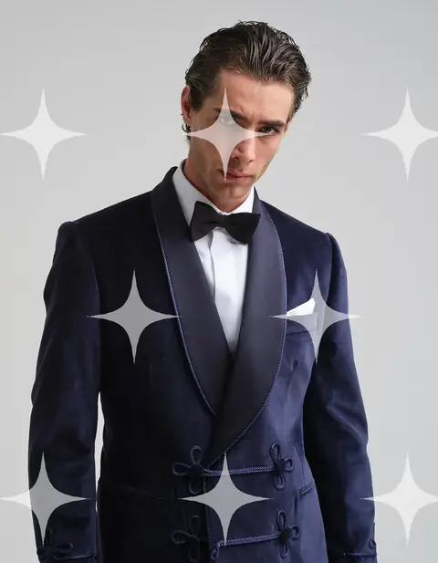 Navy Velvet Double-Breasted Smoking Jacket