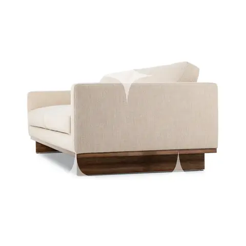 Cream Linen Sofa with Walnut Plinth Base (Back Detail)