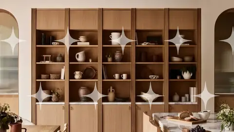 Custom Built-In Reeded Oak Wall Shelving System with Marble Display Shelf