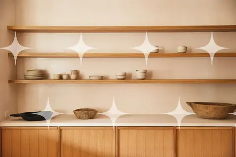 Built-In Oak Display Shelving with Ceramics