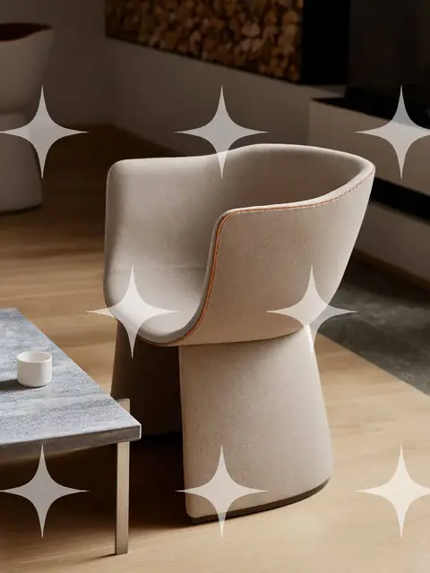 Sculptural Beige Upholstered Accent Chair with Leather Trim
