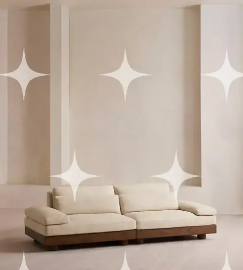 Cream Upholstered Sofa with Walnut Plinth Base