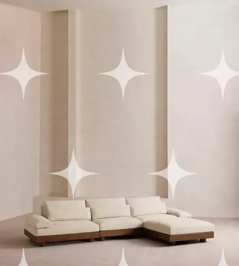 Low-Slung Cream Linen Modular Sectional Sofa with Walnut Plinth Base
