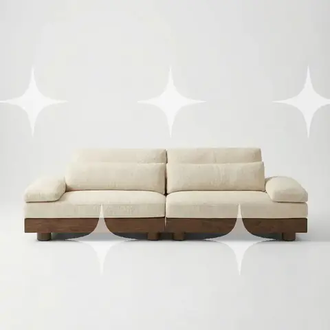 Cream Linen Sofa with Walnut Plinth Base