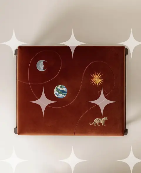 Hand-Embroidered Rust Velvet Celestial Ottoman