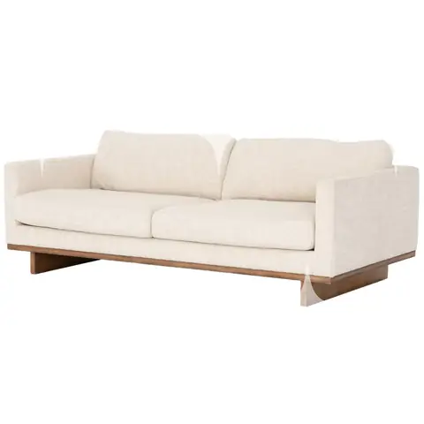 Cream Linen Loveseat with Walnut Plinth Base