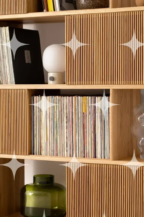 Solid Oak Fluted-Door Record Storage Shelving Unit with Marble Accent Shelf