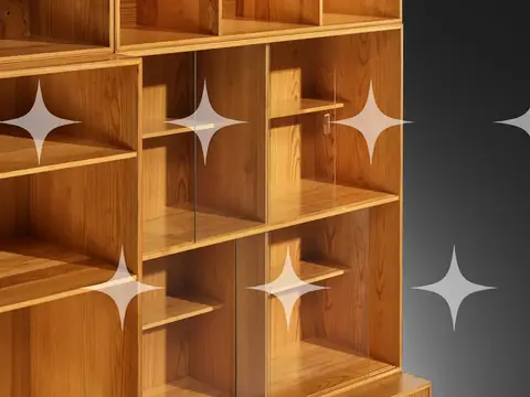 Danish Modern Pine Modular Wall Shelving Unit with Sliding Glass Doors