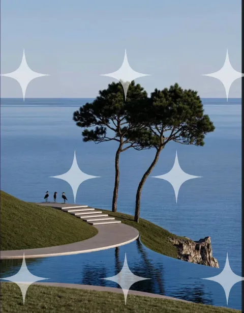 Umbrella Pines Above an Infinity Pool