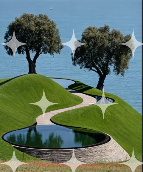 Curved Pool Between Grass Mounds