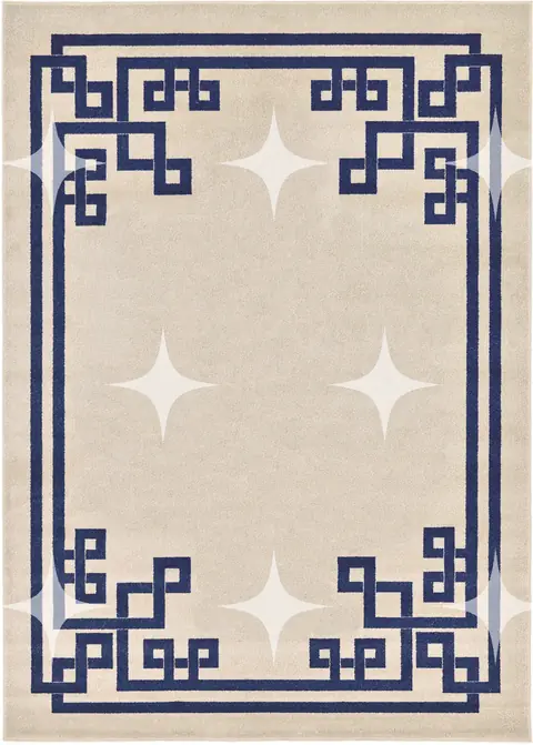 Cream Area Rug with Navy Greek-Key Border