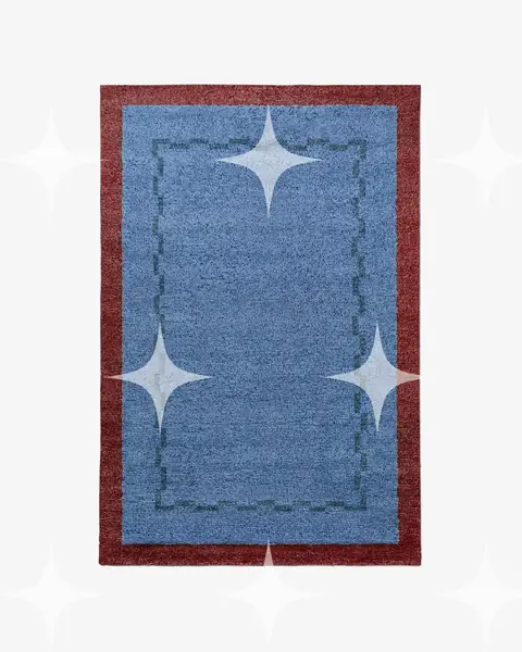 Bordered Wool Rug, Blue and Red
