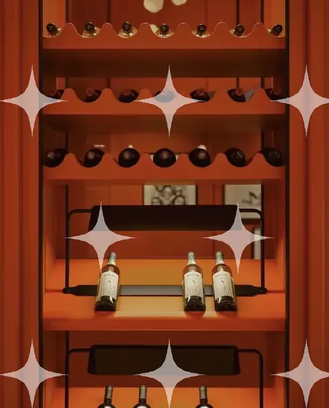 Orange Lacquered Built-In Wine Cabinet with Display Shelving
