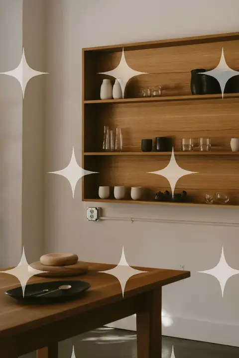Open Oak Shelves Above a Table