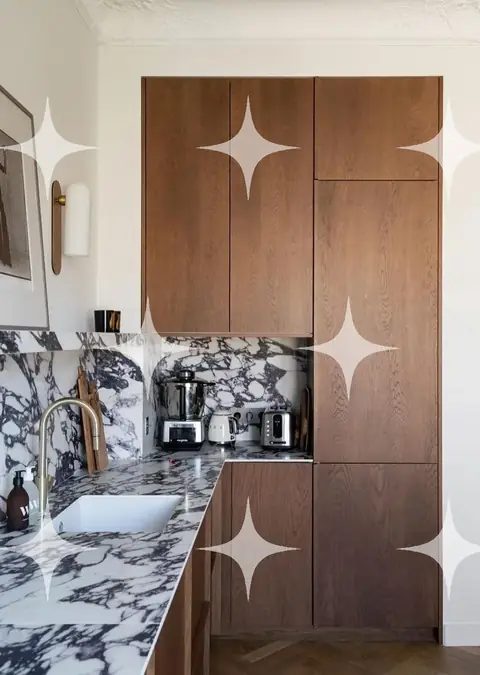 Walnut Kitchen with Veined Marble