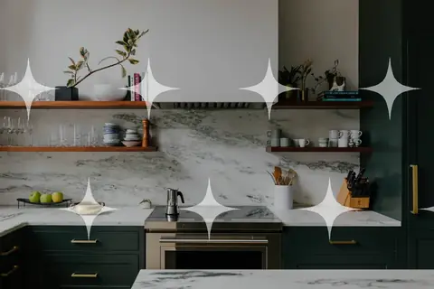 Green Kitchen with Marble Splashback