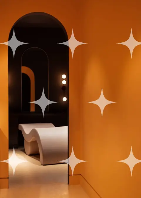 Orange Bathroom with Arched Niche