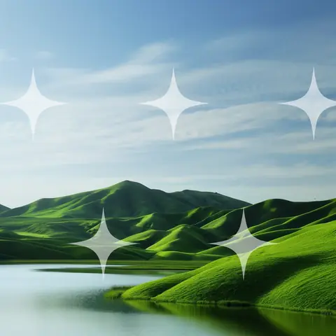 Stylised Green Hills Above Still Water
