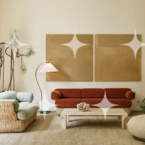 Living Room with Rust Sofa and Stone Table
