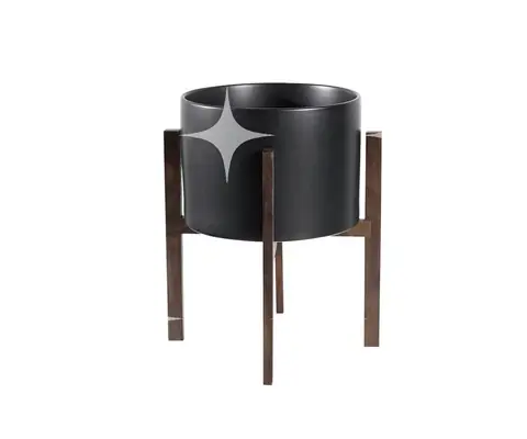 Black Ceramic Planter with Wood Leg Stand
